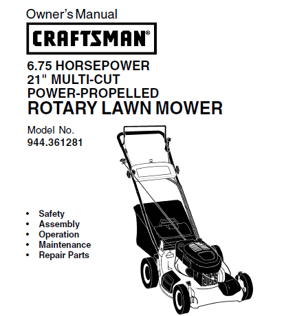 Sears Craftsman Repair Parts Manual Model No. 944.361281, 944361281 944-361281