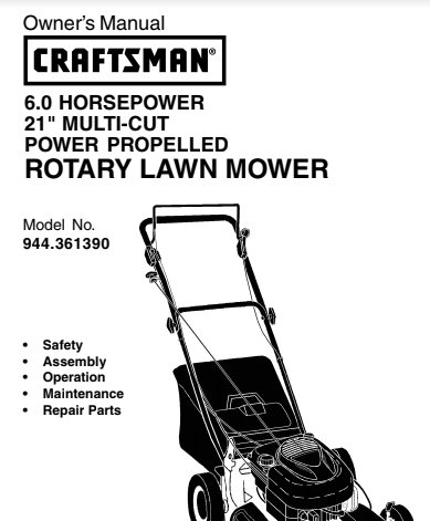 Sears Craftsman Repair Parts Manual Model No. 944.361390, 944361390 944-361390