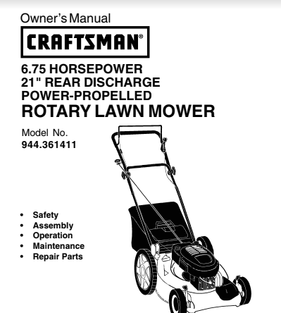 Sears Craftsman Repair Parts Manual Model No. 944.361411, 944361411 944-361411