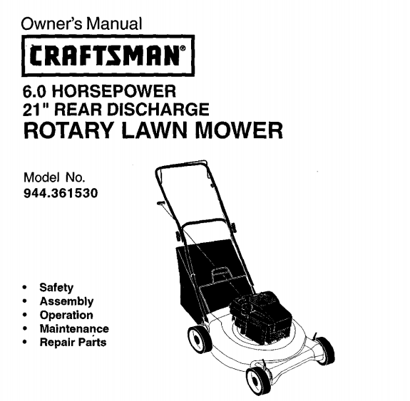 Sears Craftsman Repair Parts Manual Model No. 944.361530, 944361530, 944-361530